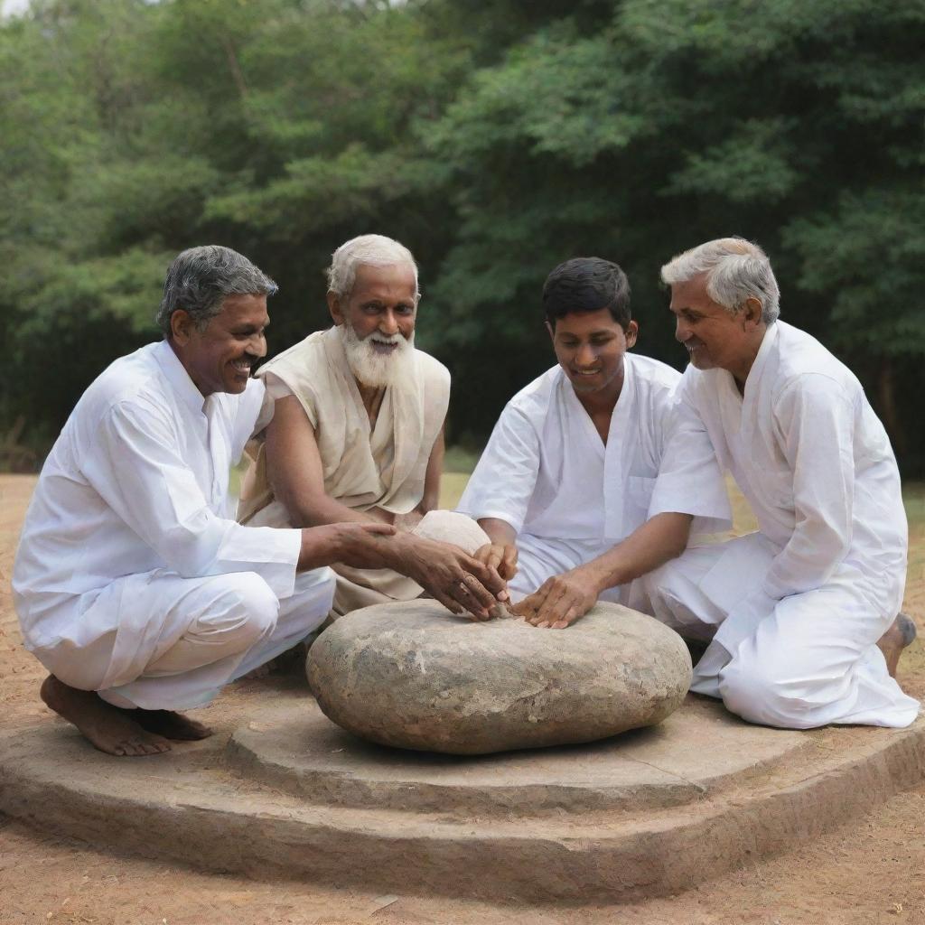 Craft a peaceful scene where the four boys who successfully moved the stone together, representative of the Tamil, Sinhala, Muslim, and Christian communities, are seated beside the wise man, symbolizing their shared accomplishment.