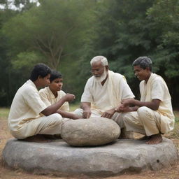 Craft a peaceful scene where the four boys who successfully moved the stone together, representative of the Tamil, Sinhala, Muslim, and Christian communities, are seated beside the wise man, symbolizing their shared accomplishment.