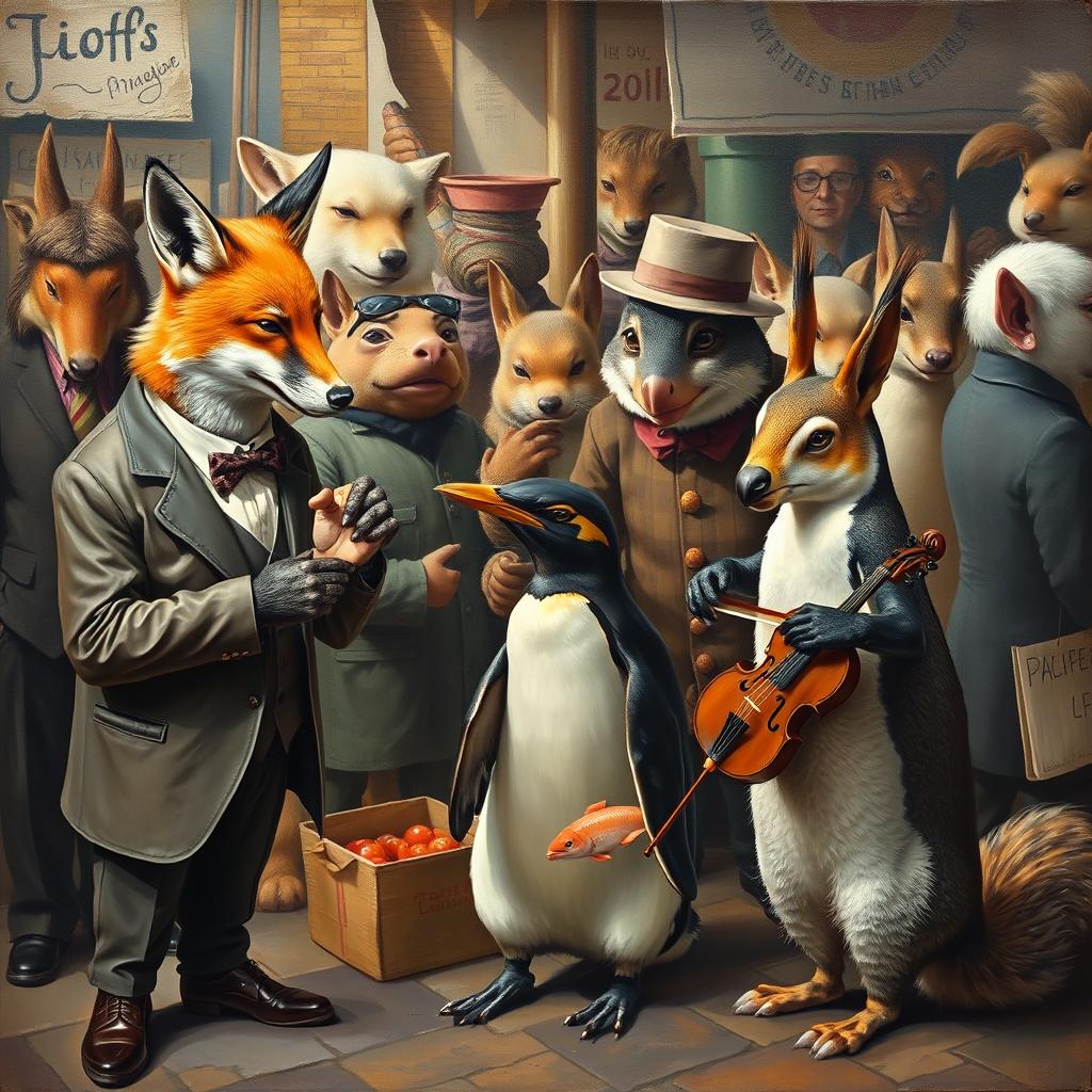 A surreal painting depicting animals engaging in human-like activities