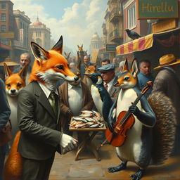 A surreal painting depicting animals engaging in human-like activities