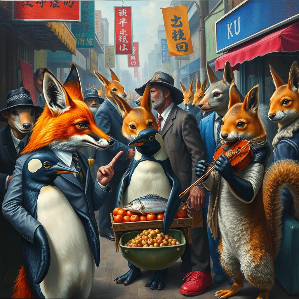 A surreal painting depicting animals engaging in human-like activities