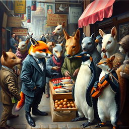 A surreal painting depicting animals engaging in human-like activities