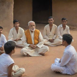 Create an engrossing scene where the wise man of Sri Valli Pura addresses the village residents, who are deeply engaged in his talk, displaying expressions of reflection and understanding, as the four boys sit beside him in unity.