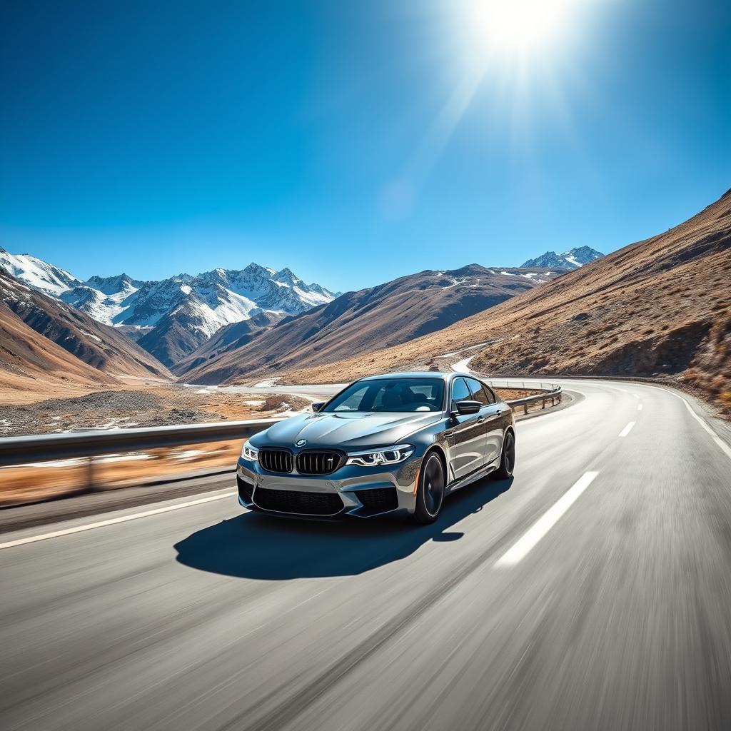 A BMW M5 speeding down a winding mountain road, with majestic snow-capped peaks in the background and a brilliant blue sky above