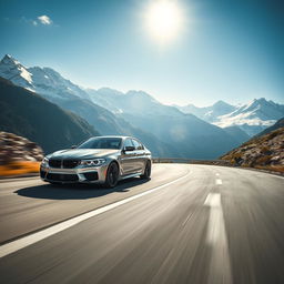 A BMW M5 speeding down a winding mountain road, with majestic snow-capped peaks in the background and a brilliant blue sky above