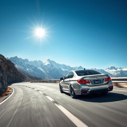 A BMW M5 speeding down a winding mountain road, with majestic snow-capped peaks in the background and a brilliant blue sky above