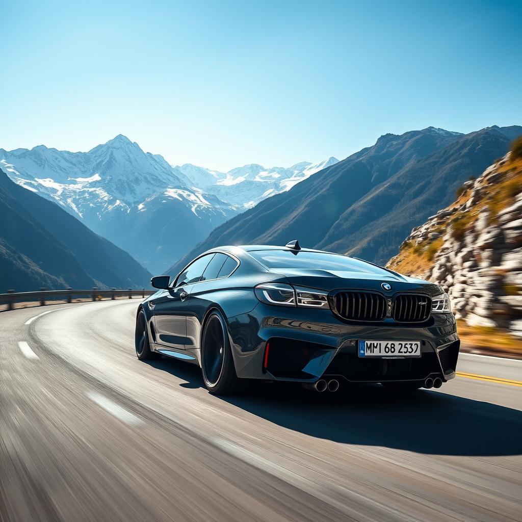 A BMW M5 speeding down a winding mountain road, with majestic snow-capped peaks in the background and a brilliant blue sky above