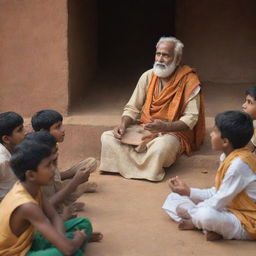 Create an engrossing scene where the wise man of Sri Valli Pura addresses the village residents, who are deeply engaged in his talk, displaying expressions of reflection and understanding, as the four boys sit beside him in unity.