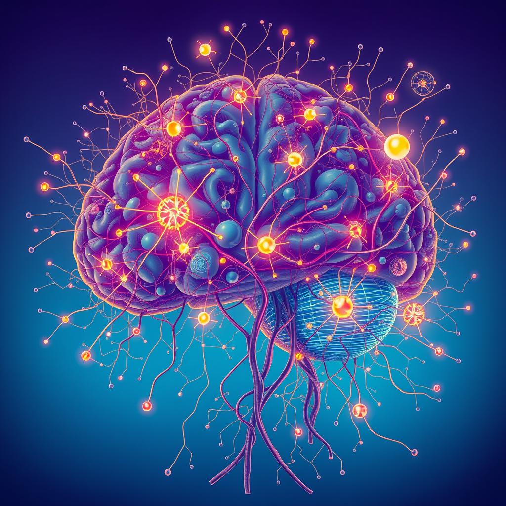 A complex and vibrant illustration of the human mind, featuring intricate neural networks, synapses connecting in a dazzling web of energy, with glowing pathways symbolizing thoughts and creativity