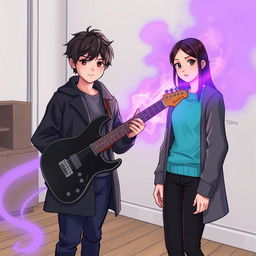 A 15-year-old teenager with slightly messy black hair and brown eyes, wearing a black coat and navy blue pants, stands in a room with a black and white guitar emitting an aura of purple and gray that fills the room