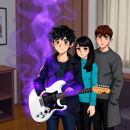 A 15-year-old teenager with slightly messy black hair and brown eyes, wearing a black coat and navy blue pants, stands in a room with a black and white guitar emitting an aura of purple and gray that fills the room