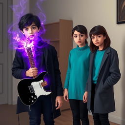 A 15-year-old teenager with slightly messy black hair and brown eyes, wearing a black coat and navy blue pants, stands in a room with a black and white guitar emitting an aura of purple and gray that fills the room