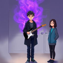 A 15-year-old teenager with slightly messy black hair and brown eyes, wearing a black coat and navy blue pants, stands in a room with a black and white guitar emitting an aura of purple and gray that fills the room