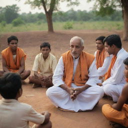 Create an engrossing scene where the wise man of Sri Valli Pura addresses the village residents, who are deeply engaged in his talk, displaying expressions of reflection and understanding, as the four boys sit beside him in unity.