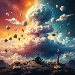 A surreal representation of the realms of the mind, featuring a vast, cosmic landscape where dreamlike elements blend seamlessly with reality