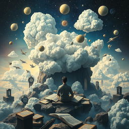 A surreal representation of the realms of the mind, featuring a vast, cosmic landscape where dreamlike elements blend seamlessly with reality