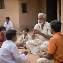 Create an engrossing scene where the wise man of Sri Valli Pura addresses the village residents, who are deeply engaged in his talk, displaying expressions of reflection and understanding, as the four boys sit beside him in unity.