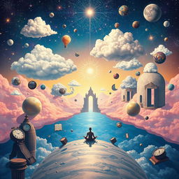 A surreal representation of the realms of the mind, featuring a vast, cosmic landscape where dreamlike elements blend seamlessly with reality