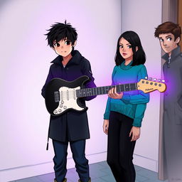 A 15-year-old teenager with slightly messy black hair and brown eyes, wearing a black coat and navy blue pants, stands in a room with a black and white guitar that emits a purple and gray aura surrounding the room