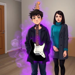 A 15-year-old teenager with slightly messy black hair and brown eyes, wearing a black coat and navy blue pants, stands in a room with a black and white guitar that emits a purple and gray aura surrounding the room