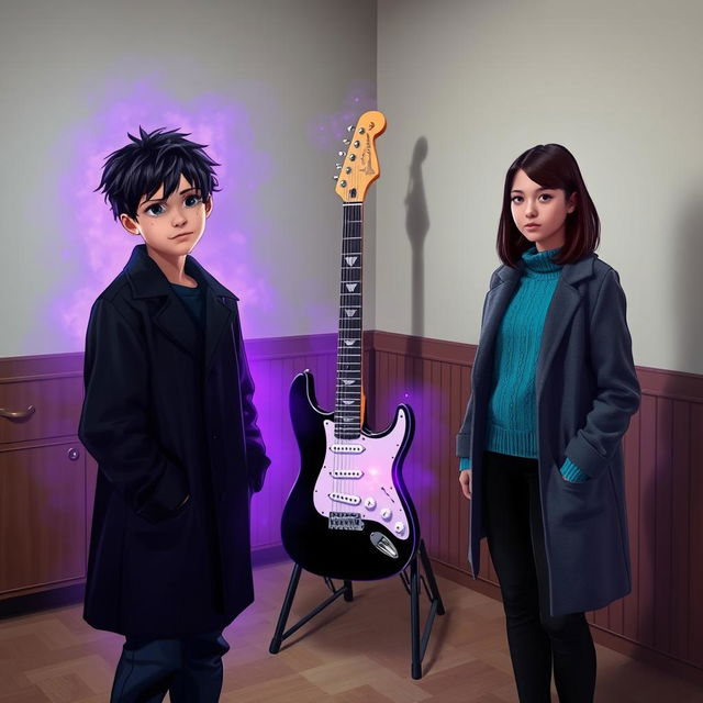 A 15-year-old teenager with slightly messy black hair and brown eyes, wearing a black coat and navy blue pants, stands in a room with a black and white guitar that emits a purple and gray aura surrounding the room