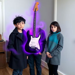 A 15-year-old teenager with slightly messy black hair and brown eyes, wearing a black coat and navy blue pants, stands in a room with a black and white guitar that emits a purple and gray aura surrounding the room