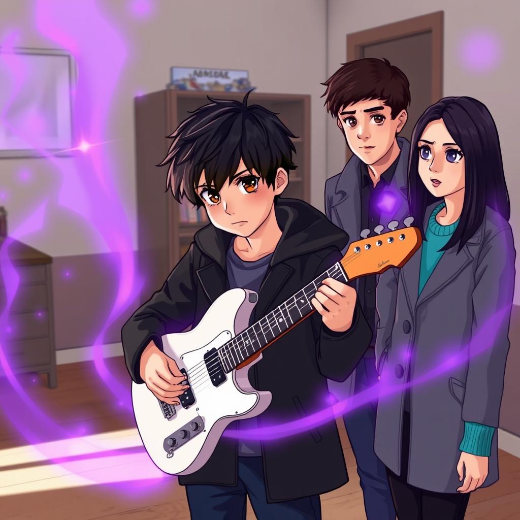 A 15-year-old teenager with slightly messy black hair and brown eyes, wearing a black coat and navy blue pants, stands in a room with a black and white guitar emitting a purple and gray aura surrounding the space