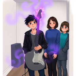 A 15-year-old teenager with slightly messy black hair and brown eyes, wearing a black coat and navy blue pants, stands in a room with a black and white guitar emitting a purple and gray aura surrounding the space