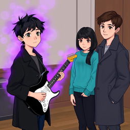 A 15-year-old teenager with slightly messy black hair and brown eyes, wearing a black coat and navy blue pants, stands in a room with a black and white guitar emitting a purple and gray aura surrounding the space