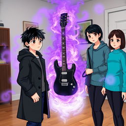 A 15-year-old teenager with slightly messy black hair and brown eyes, wearing a black coat and navy blue pants, stands in a room with a black and white guitar emitting a purple and gray aura surrounding the space