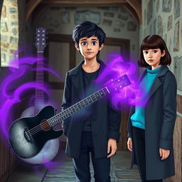 A 15-year-old teenager with slightly messy black hair and brown eyes, wearing a black coat and navy blue pants, stands in a medieval-style room with a black and white guitar emitting an aura of purple and gray that fills the room