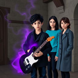 A 15-year-old teenager with slightly messy black hair and brown eyes, wearing a black coat and navy blue pants, stands in a medieval-style room with a black and white guitar emitting an aura of purple and gray that fills the room