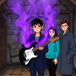 A 15-year-old teenager with slightly messy black hair and brown eyes, wearing a black coat and navy blue pants, stands in a medieval-style room with a black and white guitar emitting an aura of purple and gray that fills the room