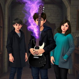 A 15-year-old teenager with slightly messy black hair and brown eyes, wearing a black coat and navy blue pants, stands in a medieval-style room with a black and white guitar emitting an aura of purple and gray that fills the room