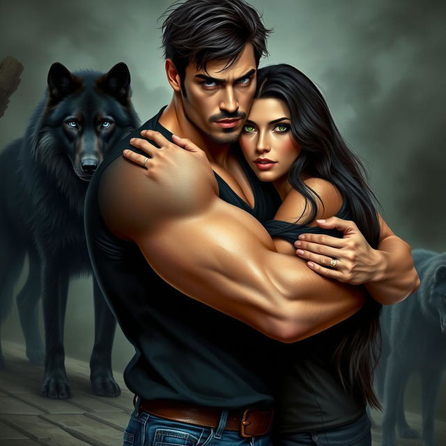 A suspenseful and romantic novel cover featuring a large, attractive, muscular man with a 5 o'clock shadow and short, messy dark brown hair, possessing crystal grey eyes