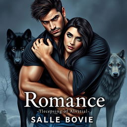 A suspenseful and romantic novel cover featuring a large, attractive, muscular man with a 5 o'clock shadow and short, messy dark brown hair, possessing crystal grey eyes