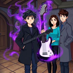 A 15-year-old teenager with slightly messy black hair and brown eyes, wearing a black coat and navy blue pants, is in a medieval-style room with a black and white guitar that emits a purple and gray aura surrounding the room