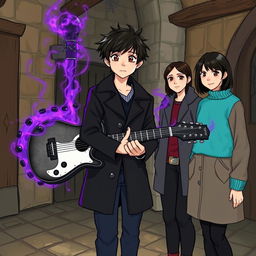 A 15-year-old teenager with slightly messy black hair and brown eyes, wearing a black coat and navy blue pants, is in a medieval-style room with a black and white guitar that emits a purple and gray aura surrounding the room