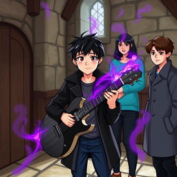 A 15-year-old teenager with slightly messy black hair and brown eyes, wearing a black coat and navy blue pants, is in a medieval-style room with a black and white guitar that emits a purple and gray aura surrounding the room