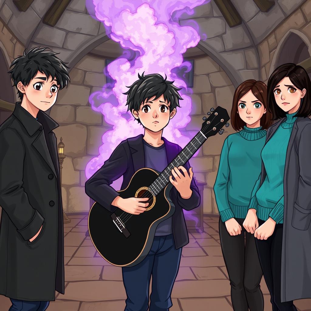 A 15-year-old teenager with slightly messy black hair and brown eyes, wearing a black coat and navy blue pants, is in a medieval-style room with a black and white guitar that emits a purple and gray aura surrounding the room