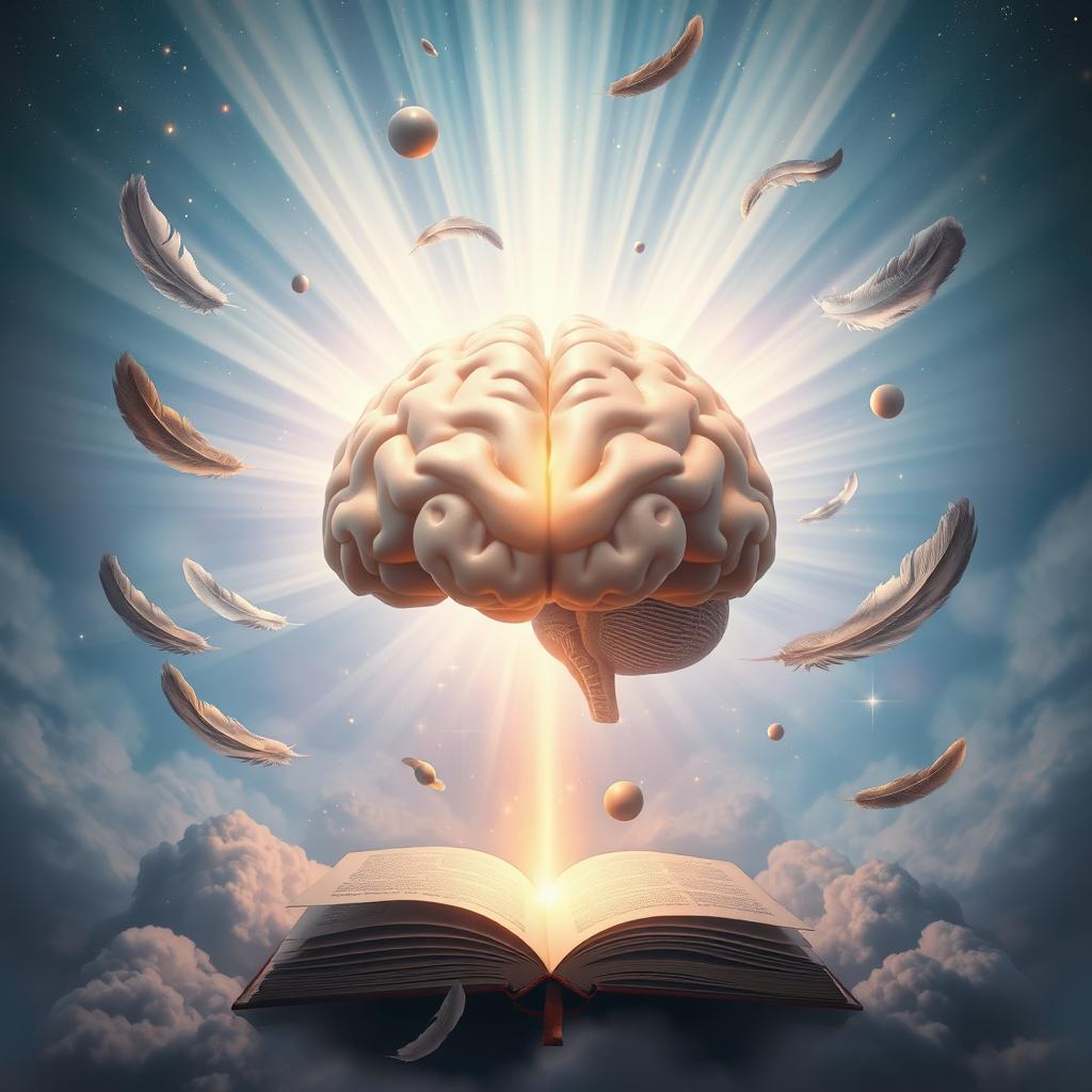 A surreal depiction of the light and glory of the mind, showing a radiant brain emanating luminescent beams of light surrounded by symbols of wisdom and knowledge