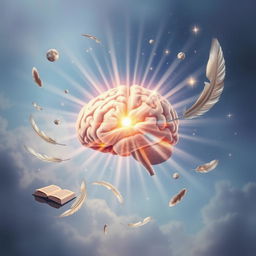 A surreal depiction of the light and glory of the mind, showing a radiant brain emanating luminescent beams of light surrounded by symbols of wisdom and knowledge