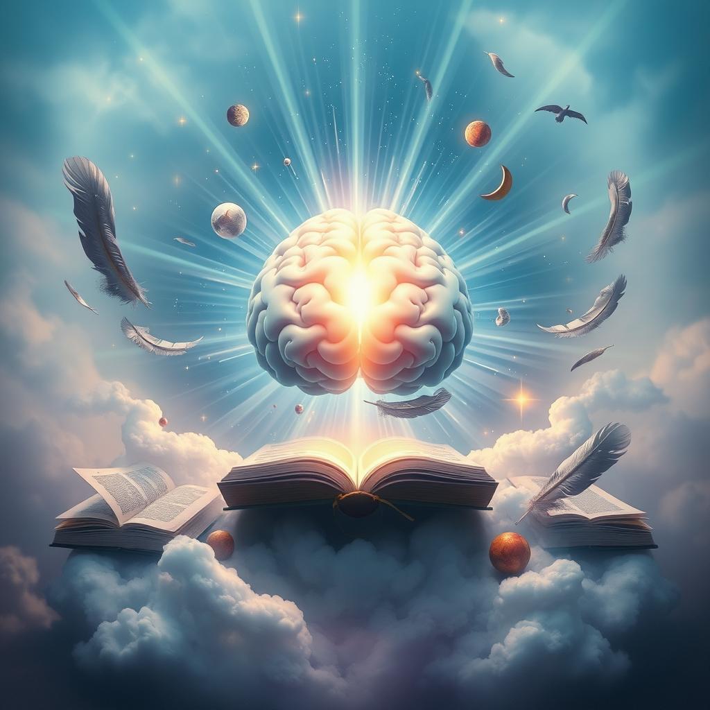 A surreal depiction of the light and glory of the mind, showing a radiant brain emanating luminescent beams of light surrounded by symbols of wisdom and knowledge