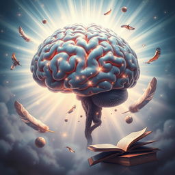 A surreal depiction of the light and glory of the mind, showing a radiant brain emanating luminescent beams of light surrounded by symbols of wisdom and knowledge