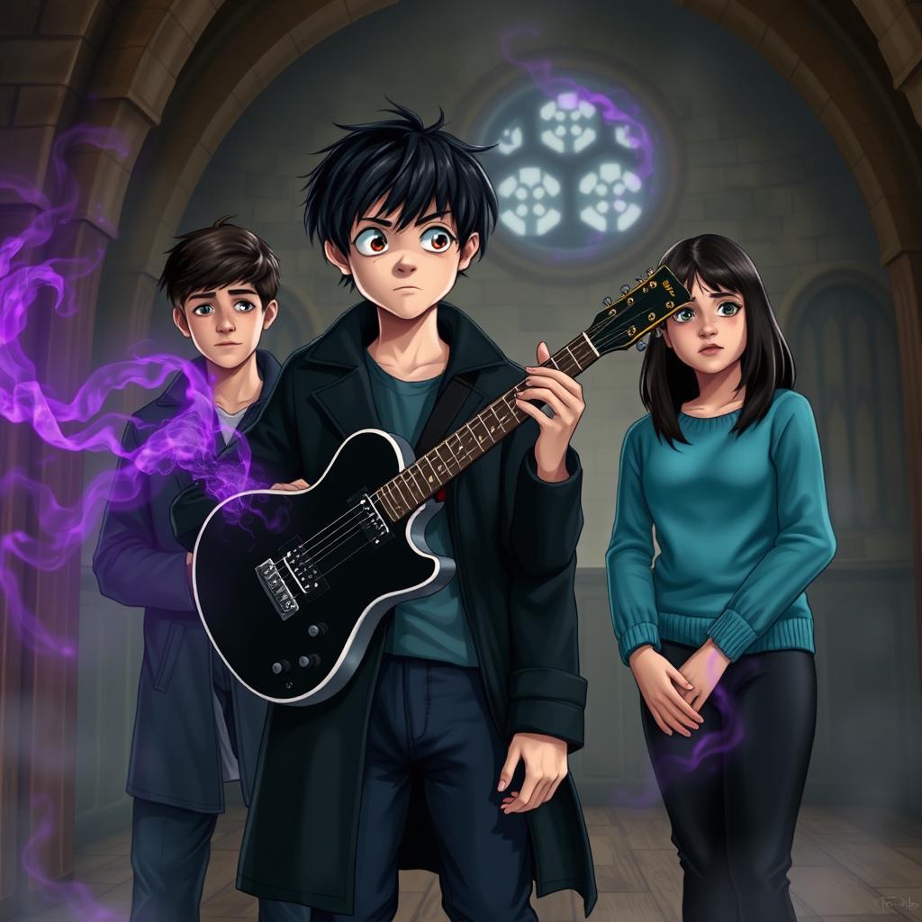 A medieval room featuring a 15-year-old boy with slightly messy black hair and brown eyes, dressed in a black coat and navy blue pants, holding a black and white guitar that emits a mystical aura in purple and gray, filling the atmosphere