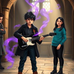 A medieval room featuring a 15-year-old boy with slightly messy black hair and brown eyes, dressed in a black coat and navy blue pants, holding a black and white guitar that emits a mystical aura in purple and gray, filling the atmosphere