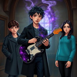 A medieval room featuring a 15-year-old boy with slightly messy black hair and brown eyes, dressed in a black coat and navy blue pants, holding a black and white guitar that emits a mystical aura in purple and gray, filling the atmosphere