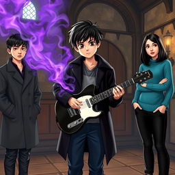 A medieval room featuring a 15-year-old boy with slightly messy black hair and brown eyes, dressed in a black coat and navy blue pants, holding a black and white guitar that emits a mystical aura in purple and gray, filling the atmosphere