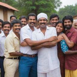 Create a touching scene of village people from various backgrounds - Tamil, Sinhala, Muslim, and Christian - hugging each other, a powerful portrayal of restored unity and fraternity in the once divided Sri Valli Pura community.