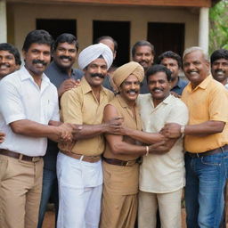 Create a touching scene of village people from various backgrounds - Tamil, Sinhala, Muslim, and Christian - hugging each other, a powerful portrayal of restored unity and fraternity in the once divided Sri Valli Pura community.